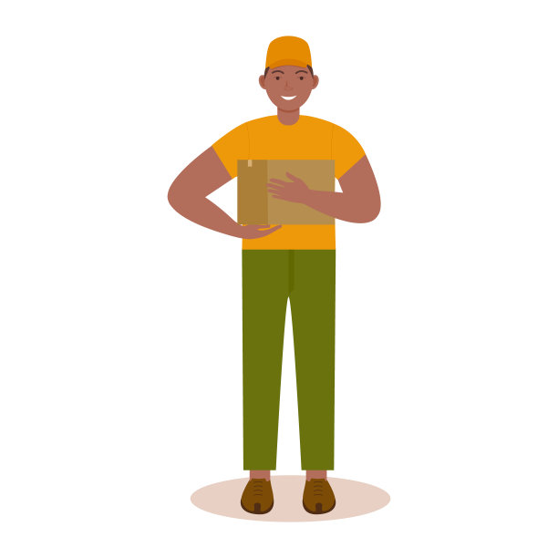 在线订单的交付。一个手里拿着包裹的男快递员。图片下载