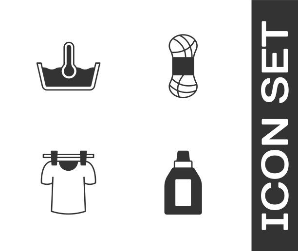 设置瓶清洁剂，温度洗涤，烘干衣服和纱线图标。向量图片下载