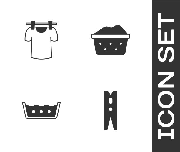 设置衣服别针，烘干衣服，温度洗涤和盆与肥皂泡沫图标。向量图片下载