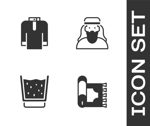 设置传统地毯，衬衫，玻璃与水和穆斯林男子图标。向量图片下载