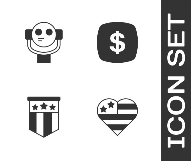 设置美国独立日，游客双筒望远镜，美国国旗和美元符号图标。向量图片下载