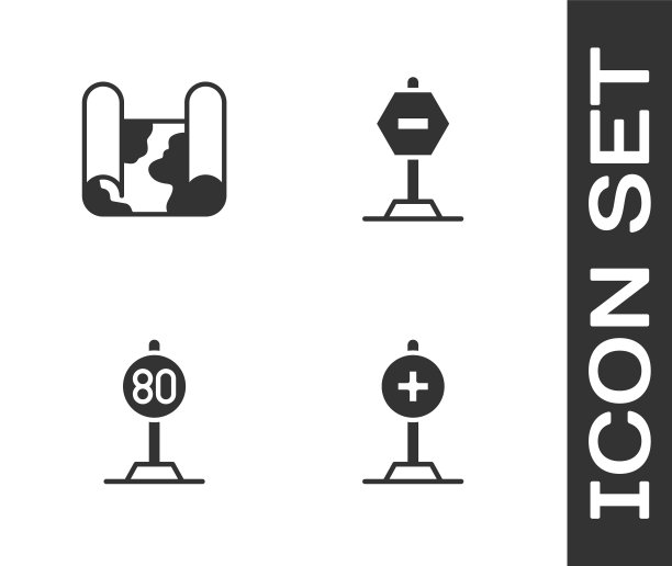 设置位置与交叉医院，折叠地图，限速交通和停止标志图标。向量图片下载