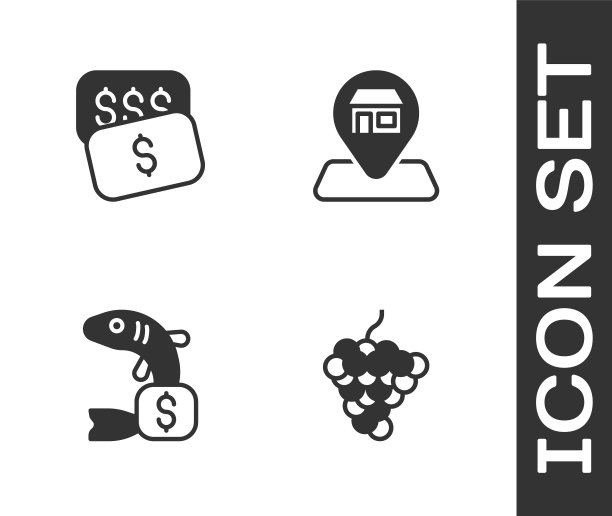 设置葡萄水果，新的价格标签美元，价格为鱼和位置市场商店图标。向量图片下载