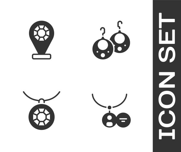 集吊坠项链，珠宝店，吊坠和耳环图标。向量图片下载