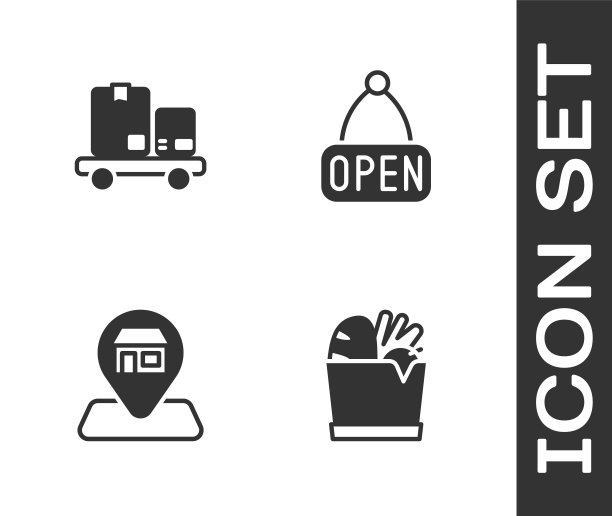 设置购物袋和食物，手动卡车盒子，位置市场商店和悬挂标志与打开图标。向量图片下载
