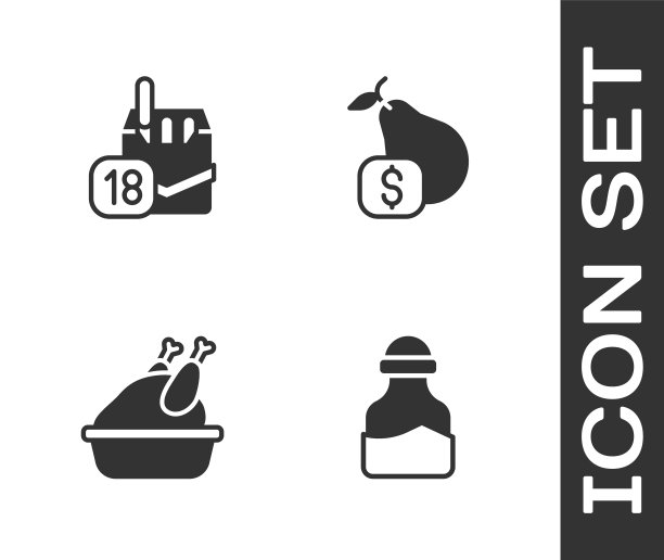 设置香料在罐头，香烟包装盒，烤火鸡或鸡和价格标签为梨图标。向量图片下载