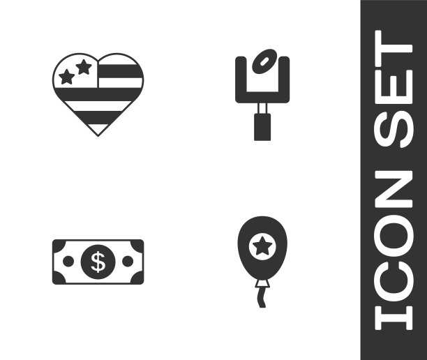 设置气球，美国独立日，纸钱现金和美国足球球门柱图标。向量图片下载