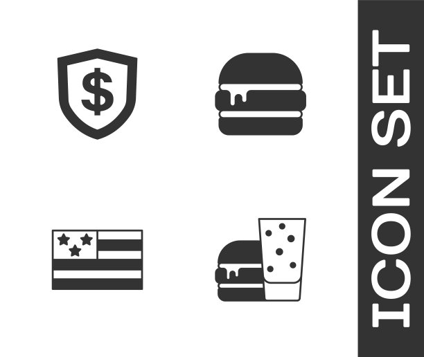 设置汉堡，盾与美元，美国国旗和图标。向量图片下载