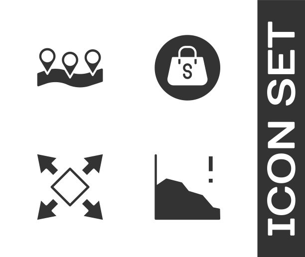 设置财政增长减少，位置，许多方式方向箭头和购物袋与销售图标。向量图片下载