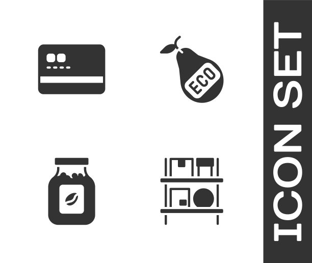 仓库内部设置盒子，信用卡，咖啡罐瓶子和健康有机梨图标。向量图片下载