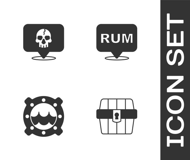集古董宝箱，头骨，船舷窗海景和酒精饮料朗姆酒图标。向量图片下载