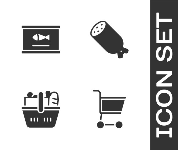设置购物车，鱼罐头，篮子和食物和萨拉米香肠图标。向量图片下载