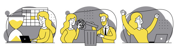 工作流程计划，组织，计划，截止日期。摆脱不好的想法。失败。成功。那个幸福的女人得意地举起双手。现代大纲设置平面插图。业务场景图片下载