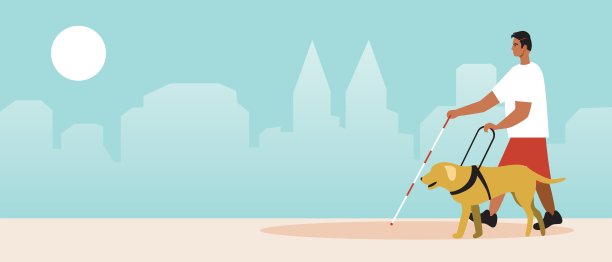 盲人与拐杖，导盲犬，复制空间模板或平面矢量股票插图与视障与狗图片下载
