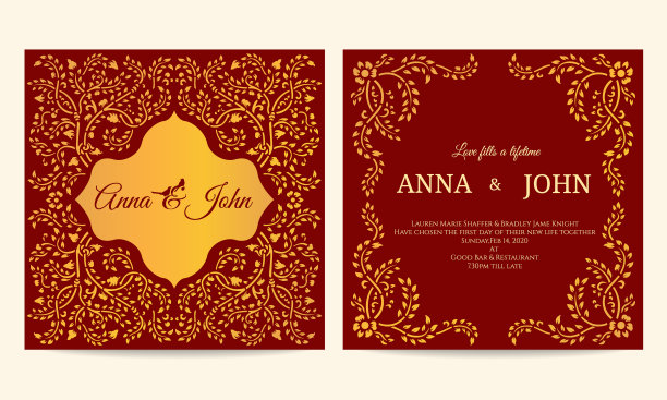 婚礼卡片-金色和红色匍匐植物框架复古矢量模板设计图片下载