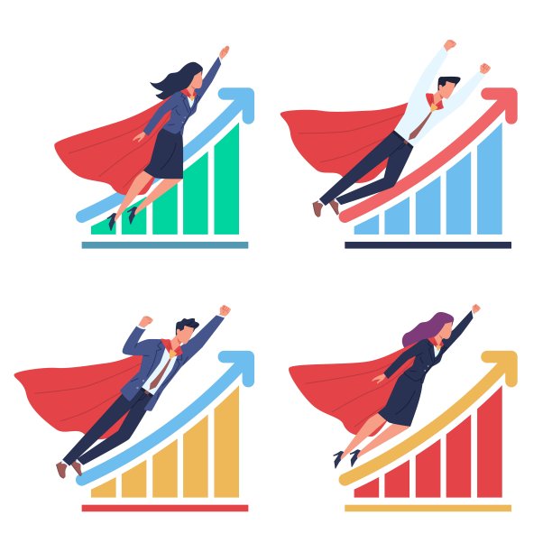 业务发展。不断增长的图表和超人男女披着飘逸的斗篷和西装飞行，成功的团队合作，财务进步，职业经理人矢量孤立集图片下载