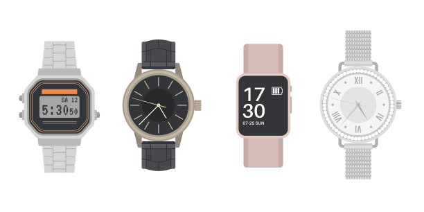 腕表。男人和女人的机械，数字和智能手表。皮带或银手镯。现代与复古配饰，男女时尚收藏。向量独立设置图片下载