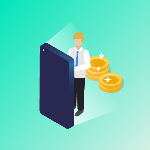 商人正在与手机银行应用程序，接受金钱或奖金。互联网投资和银行账户。向量等距的概念图片下载