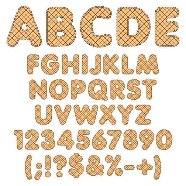 由饼干，华夫饼做成的字母，字母，数字和符号。一组彩色的孤立矢量对象。图片下载