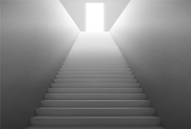 白色的楼梯，从顶上开着的门透出光线图片下载