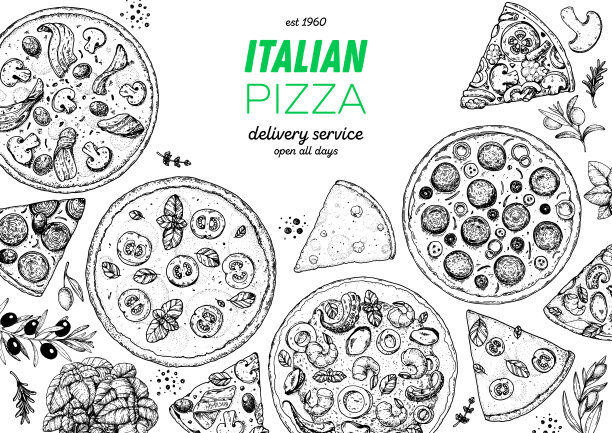 意大利披萨。前视图。设计模板。比萨草图。手绘插图。不同的披萨。包装或菜单。黑色和白色图片下载