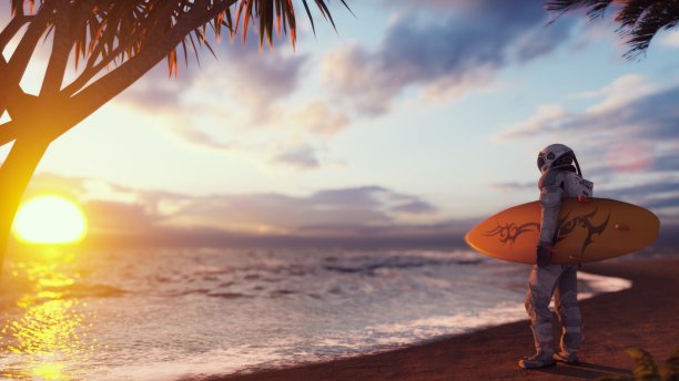 一名宇航员即将在一个外星无尽的海洋上冲浪。这张照片是用来做奇异的、未来主义的或太空旅行的背景。3 d渲染。图片下载