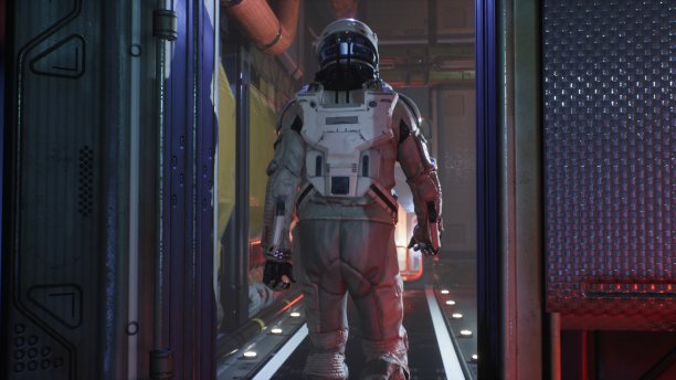 宇航员离开控制室，沿着星际飞船的走廊走。这张照片可以作为奇妙的或太空旅行的背景。宇宙飞船里的宇航员3 d渲染。图片下载