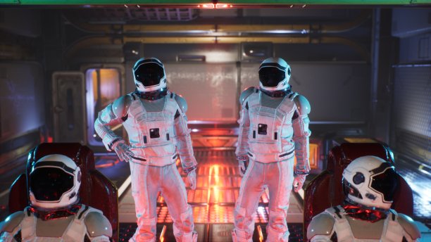 宇航员乘坐星际飞船在太空中旅行。这张照片是用来做奇异的、未来主义的或太空旅行的背景。和宇航员一起看宇宙飞船。3 d渲染。图片下载