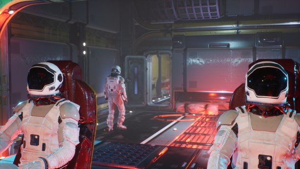 宇航员乘坐星际飞船在太空中旅行。这张照片是用来做奇异的、未来主义的或太空旅行的背景。和宇航员一起看宇宙飞船。3 d渲染。图片下载