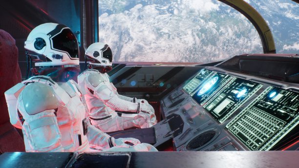 宇航员在宇宙飞船中以极快的速度穿过太空虫洞。这张照片可以作为奇妙的或太空旅行的背景。一个宇航员的宇宙飞船。3 d渲染。图片下载