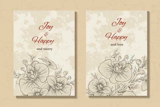 复古明信片，横幅，背景与节日的文字。写实的花，兰花枝，以极简主义风格手绘。贺卡邀请，节日，装饰。图片下载