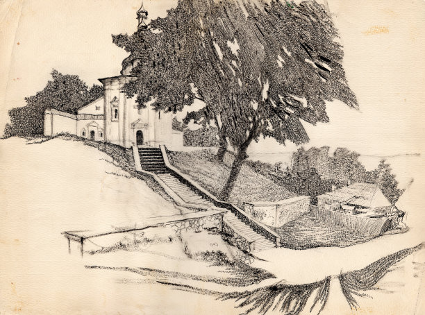 这是一幅手绘的古代巴洛克式建筑风格的建筑圣以利亚教堂，位于乌克兰Chernihiv市的老街景。墨水和钢笔涂鸦，黑白涂鸦插图图片下载