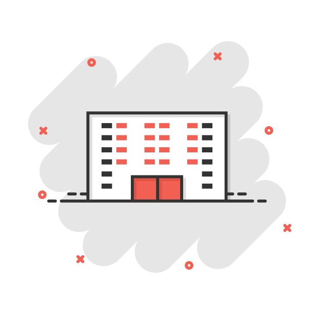 以漫画风格构建图标。城市摩天大楼公寓卡通矢量插图在白色孤立的背景。城塔飞溅效应经营理念。图片下载