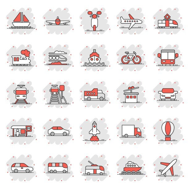 交通图标设置在漫画风格。汽车矢量卡通集合插图上的白色孤立的背景。海运运输飞溅效应经营理念。图片下载