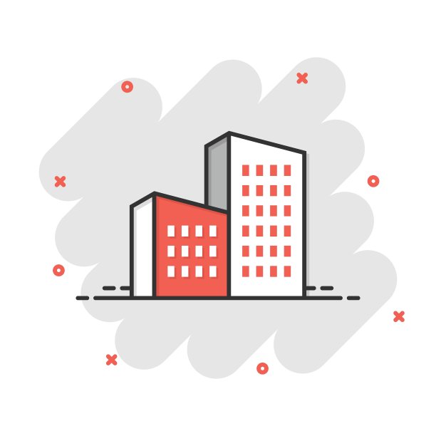 以漫画风格构建图标。城市摩天大楼公寓卡通矢量插图在白色孤立的背景。城塔飞溅效应经营理念。图片下载