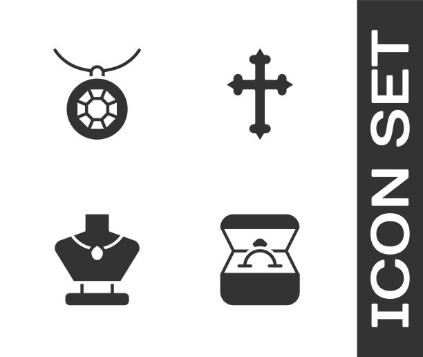 设置钻石订婚戒指在盒子，吊坠项链，项链人体模型和基督教十字架图标。向量图片下载