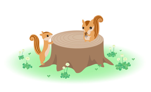 插图一只松鼠吃橡子和一只松鼠看着它在森林里白色的三叶草盛开。图片下载