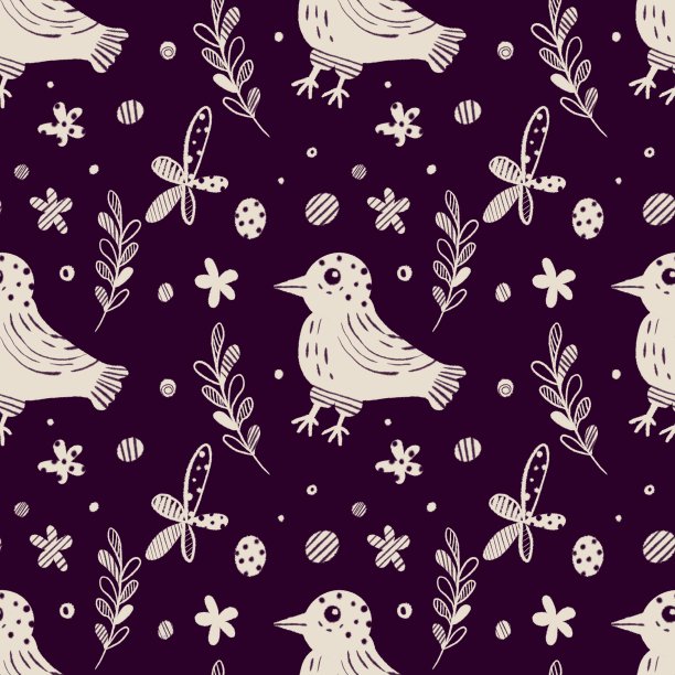 白色背景上的蓝鸟和植物。幼稚的无缝可爱图案。图片下载