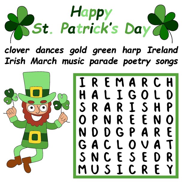 圣帕特里克节快乐大词搜索拼图股票矢量插图图片下载