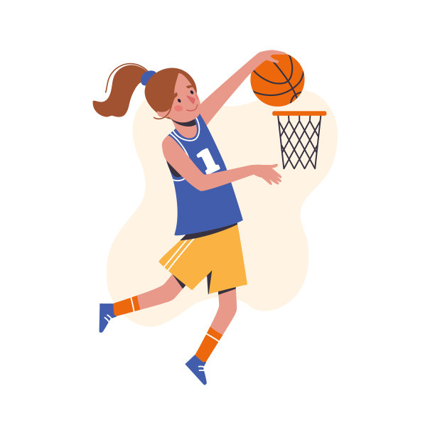 女孩把一个篮球扔进了篮子里。平面设计理念与可爱的孩子打篮球。矢量插图孤立在白色背景。图片下载
