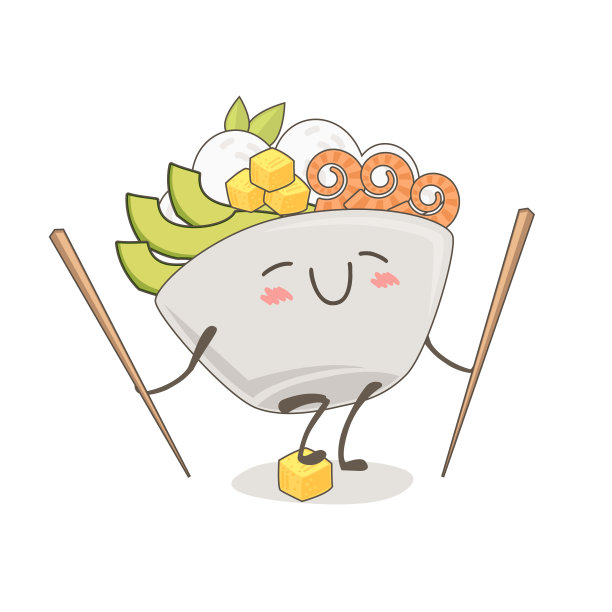 可爱的戳碗画。卡哇伊食品插图。微笑的食物碗与筷子图片下载