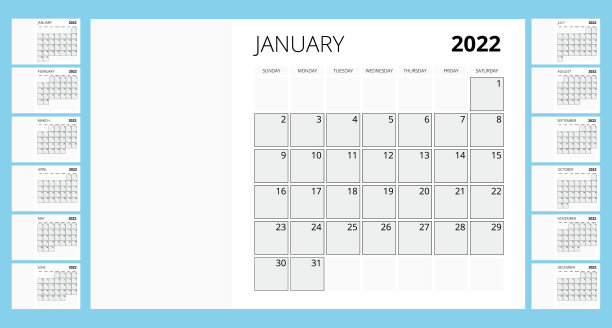 2022年的日历计划。2022年的日历模板。文具设计打印模板与地方的照片，您的标志和文本。公司和商业日历。图片下载