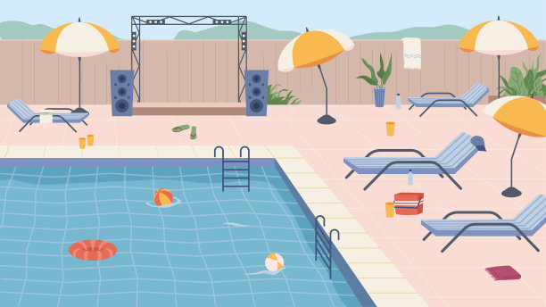 家具和雨伞，充气救生圈和球的泳池派对。景色由水，豪华度假村或酒店，游泳和日光浴娱乐夏季周末或假期。平面卡通中的矢量图片下载