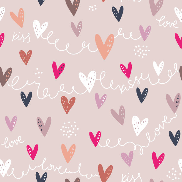 无缝图案设计与五颜六色的心和手绘字母。向量浪漫的背景。适合布料，纺织品，服装。图片下载