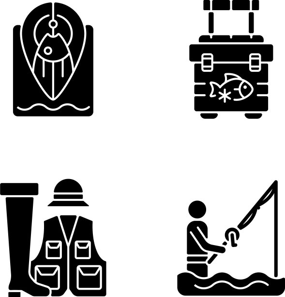 韦德钓鱼黑色象形文字图标设置在白色的空间图片下载