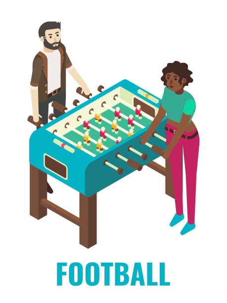 情侣玩足球街机游戏，矢量等距插图。游戏俱乐部吸引人，好玩的活动，娱乐图片下载