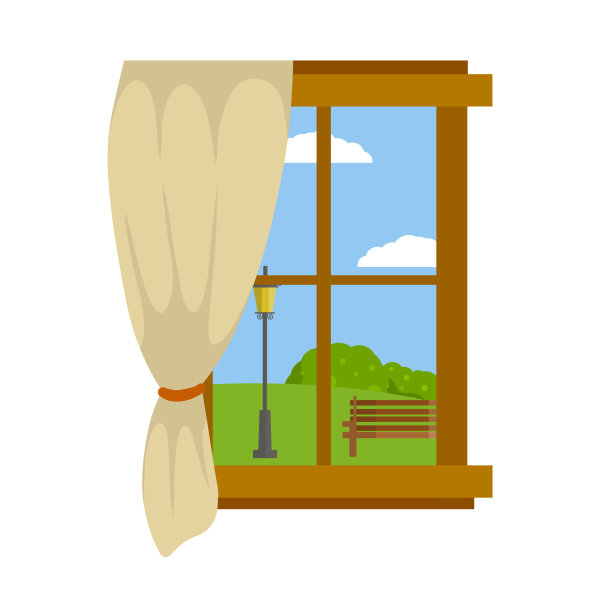 带窗帘的木窗。美丽的景色。绿色公园与长凳。图片下载