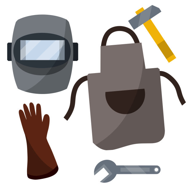 一组工作的对象。焊工服装、眼镜、手套、锤子、扳手。工厂的工业要素。安全与安全。修理和维护图片下载