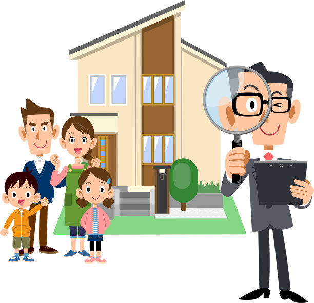 一个家庭，一个穿西装的男人拿着文件，通过放大镜看，还有一栋房子图片下载