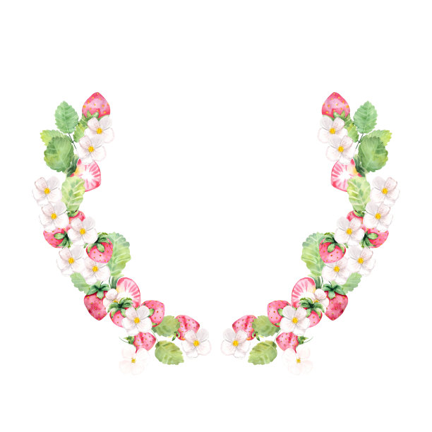 水彩插图。模板文本。用草莓和植物做成的花圈。图片下载